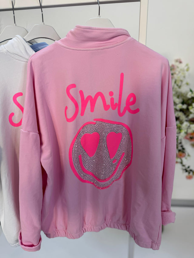 Halfzip Pullover mit Rückenprint SMILE mit Glitzersteinen