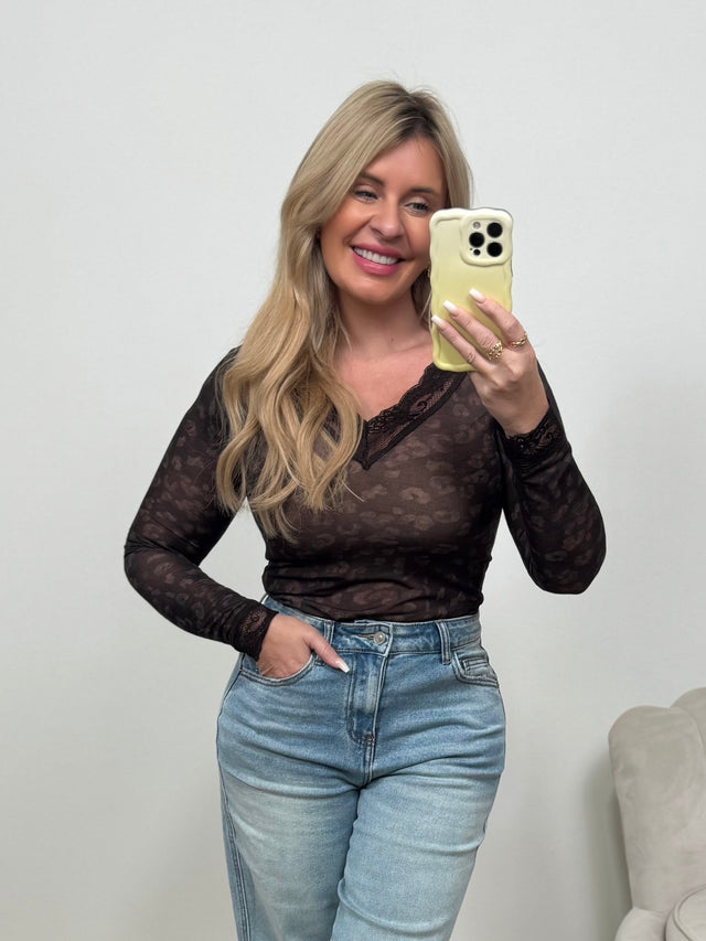 Cashmere Langarmshirt mit Spitze Leo braun