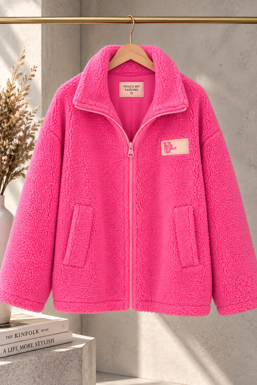 Kuschel Jacke mit Reißverschluss & Patch BE THE REASON FOR SMILES TODAY pink