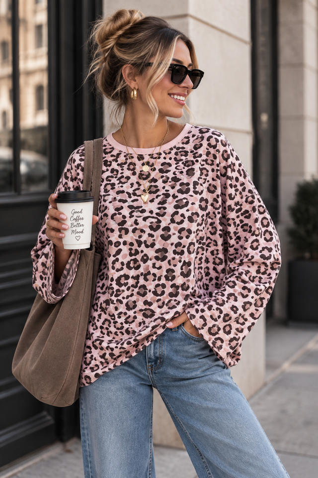 Longsleeve mit leicht ausgestelltem Ärmel hellrosa LEO schwarz/taupe