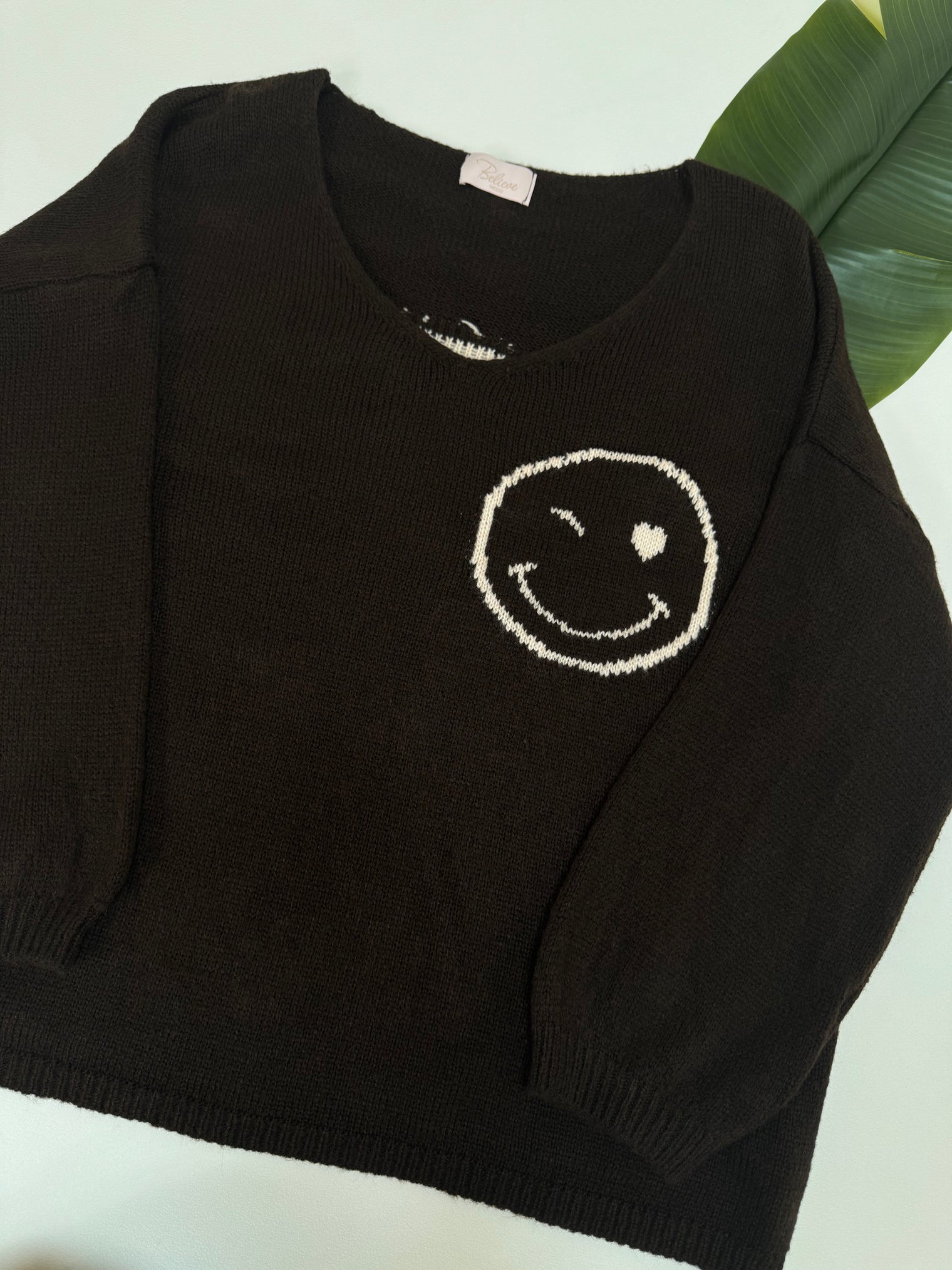 Oversize Strickpullover mit Smiley&Rückenprint dark chocolate/creme