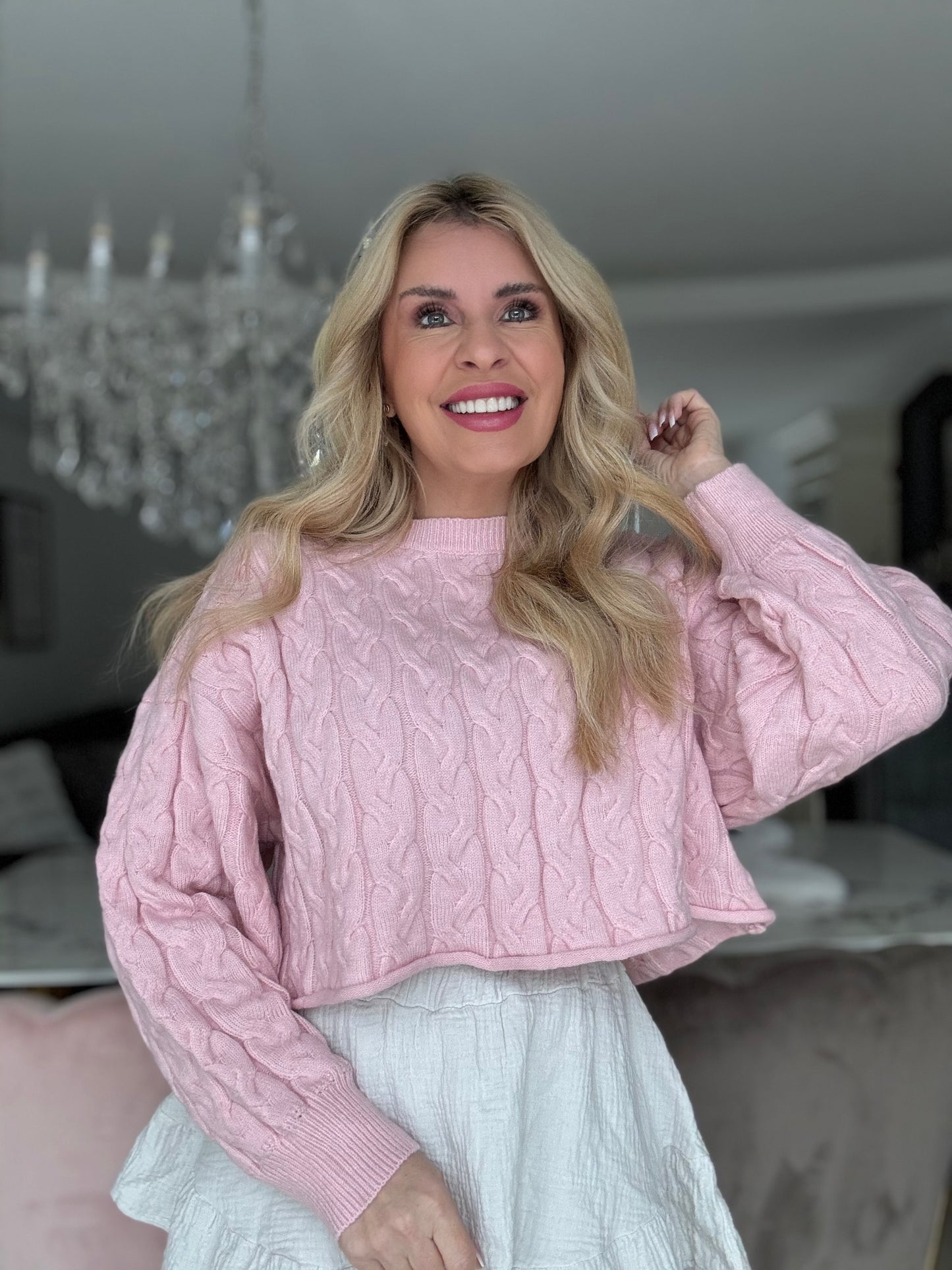 Cropped Pullover mit Zopfmuster rosa 7001-SC233229