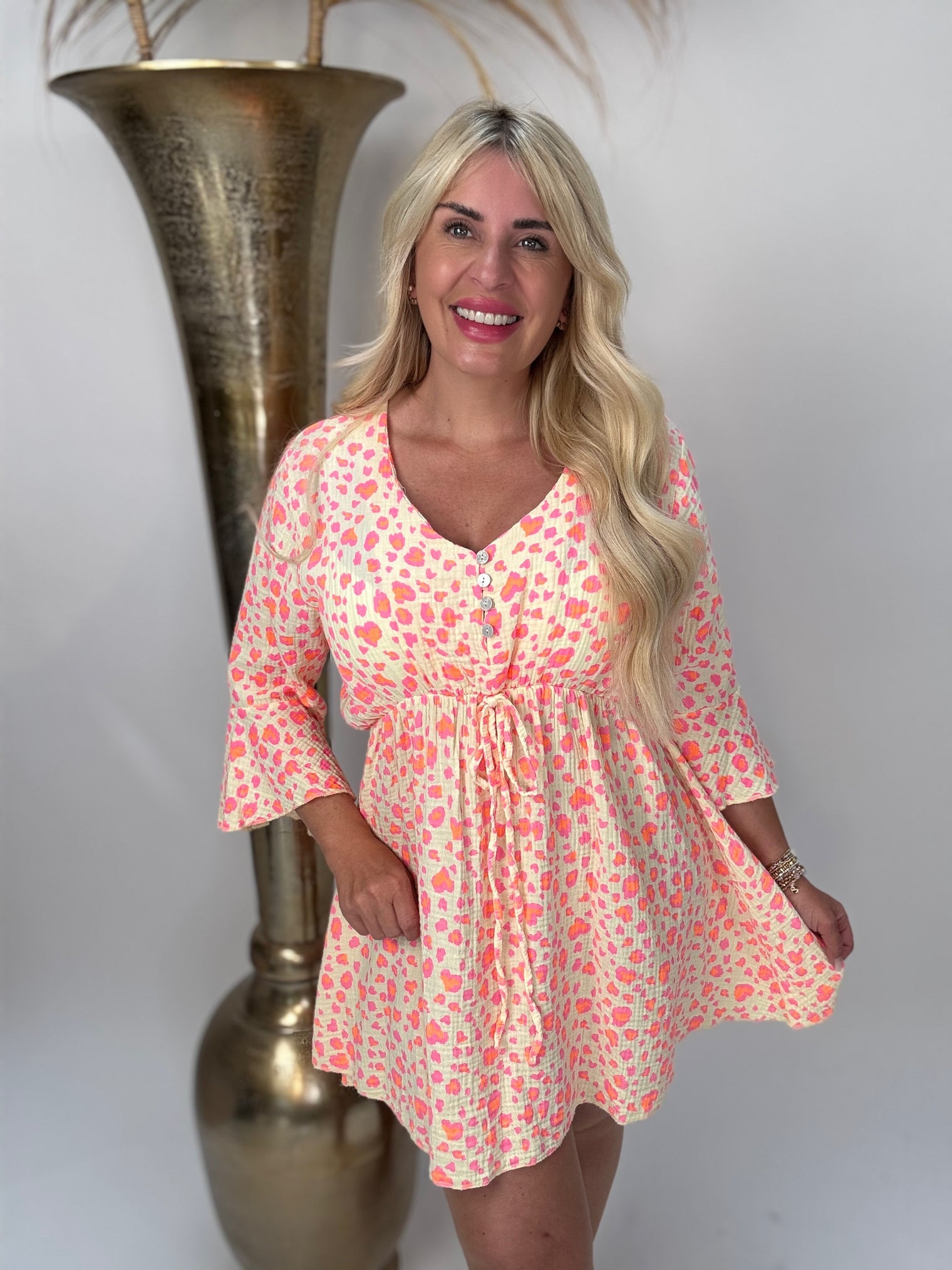 Musselin Kleid gelb MICRO LEO pink & orange