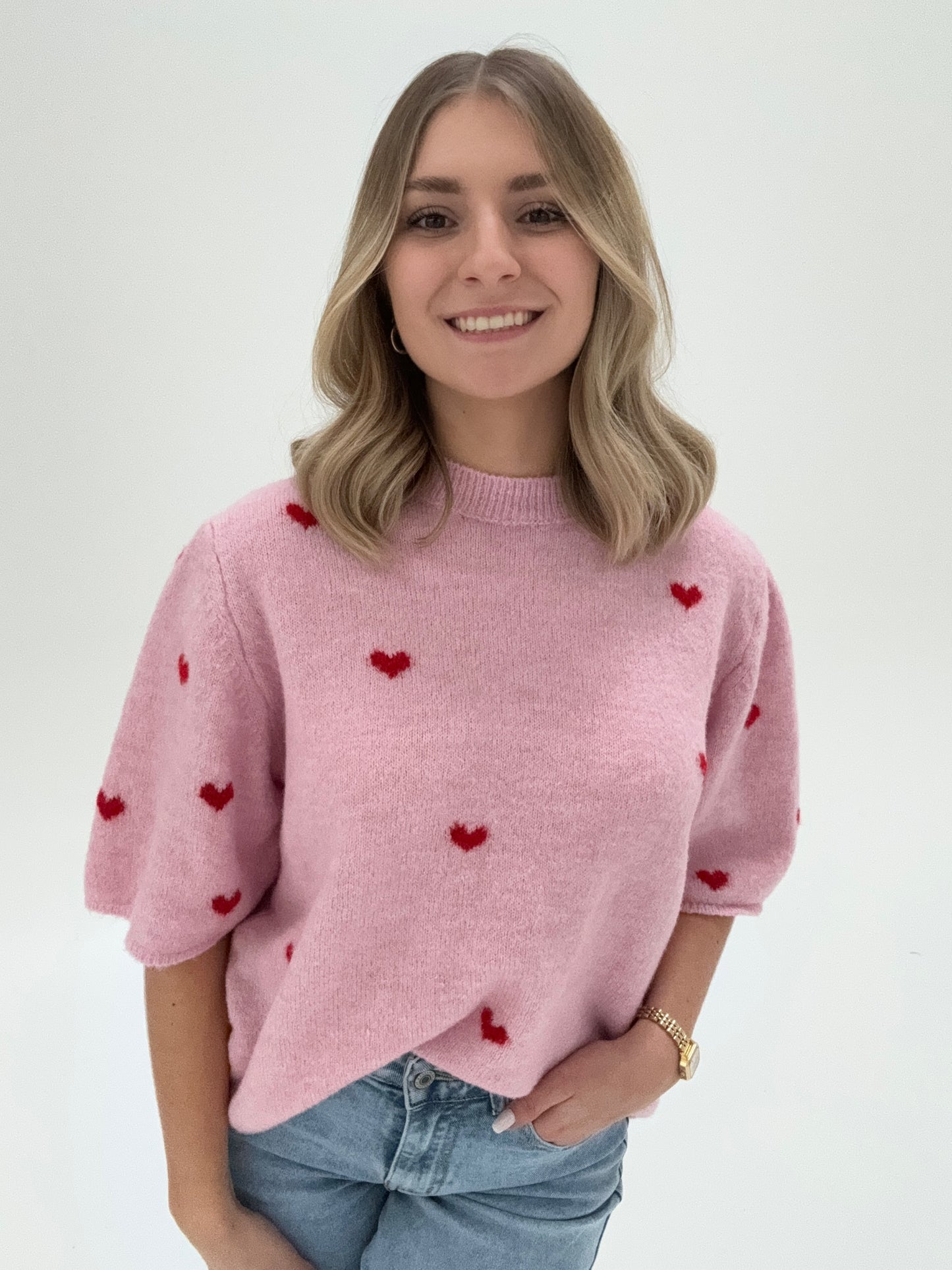 Strick Shirt/Pullover rosa mit roten Herzen