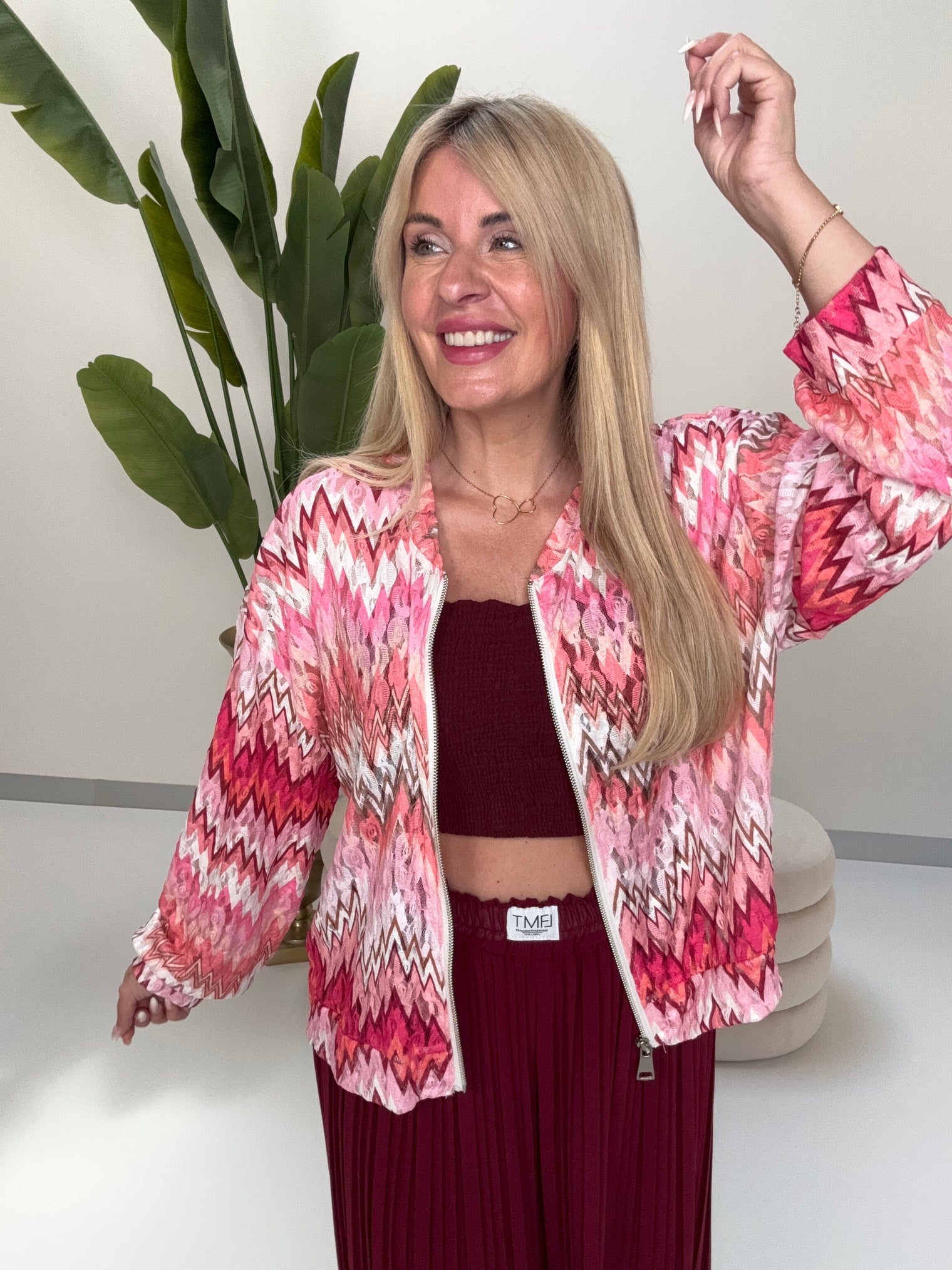 Blouson Spitzen Zipper Jacke weiß/rosa/fuchsia/pink