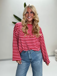 Longsleeve mit leicht ausgestelltem Ärmel STRIPES rot/pink