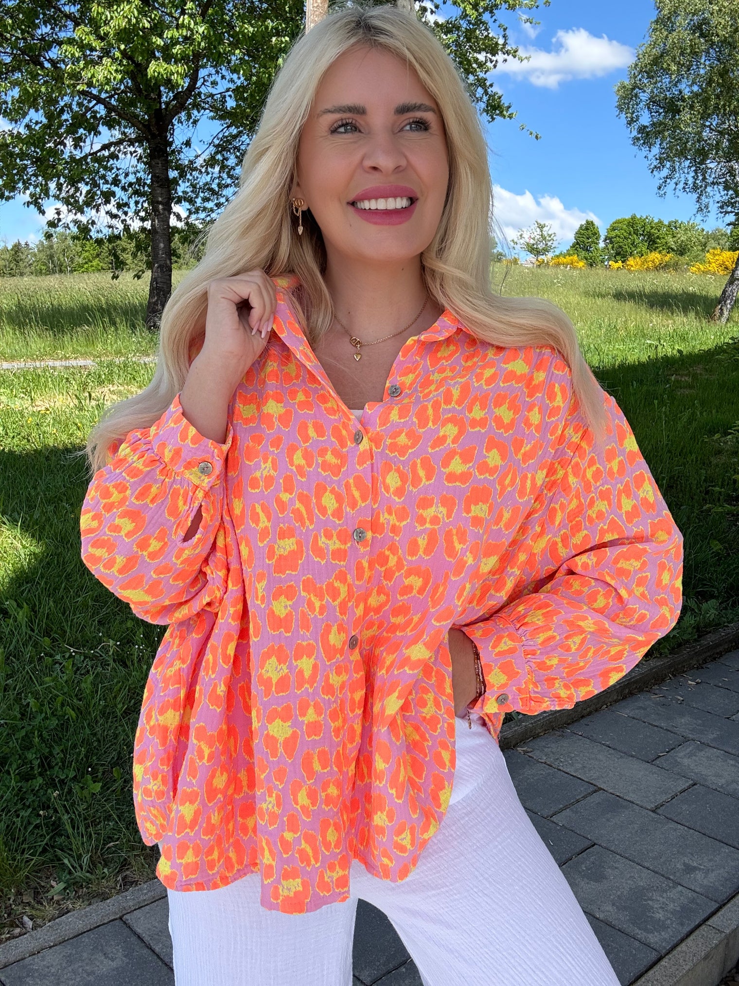 Musselin Bluse rosa LEO POWER hot orange&hot yellow