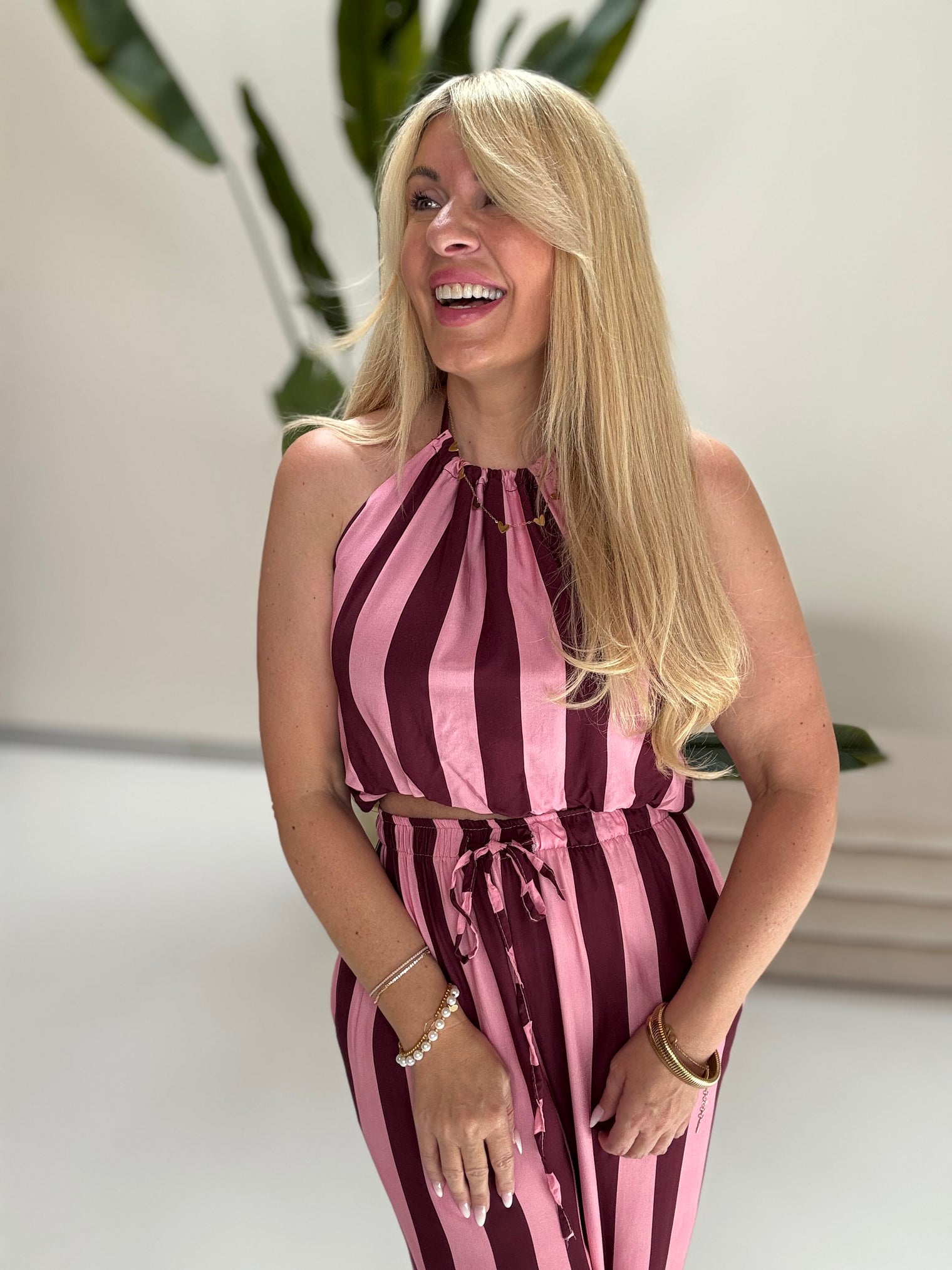 Neckholder Top zum binden BIG BLOCK STRIPES burgundy/rosa