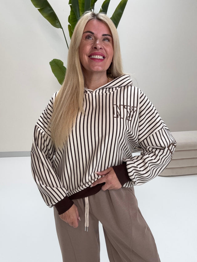Butterstoff Hoodie creme/coffee gestreift NEW YORK