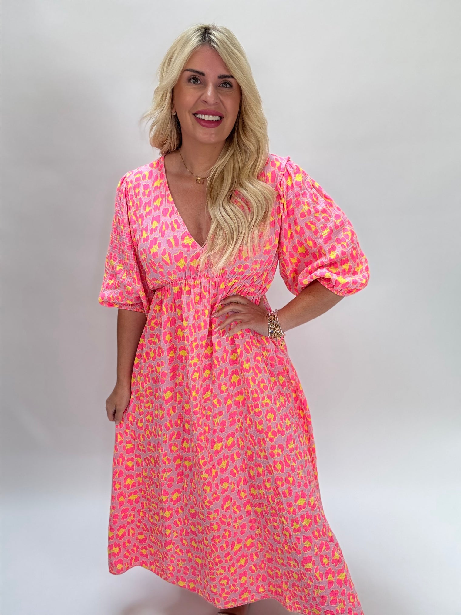 Musselin Kleid Hot rosa LEO POWER hot pink/gelb