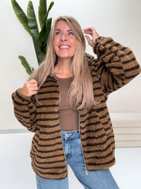 Teddy Jacke mit Reißverschluss toffee/dark chocolate gestreift