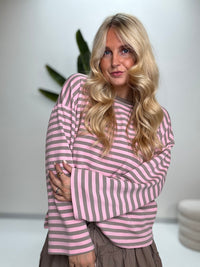 Longsleeve mit leicht ausgestelltem Ärmel STRIPES taupe/rosa