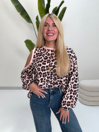 Sweater mit Cut-Out an der Schulter hellrosa LEO POWER schwarz/taupe