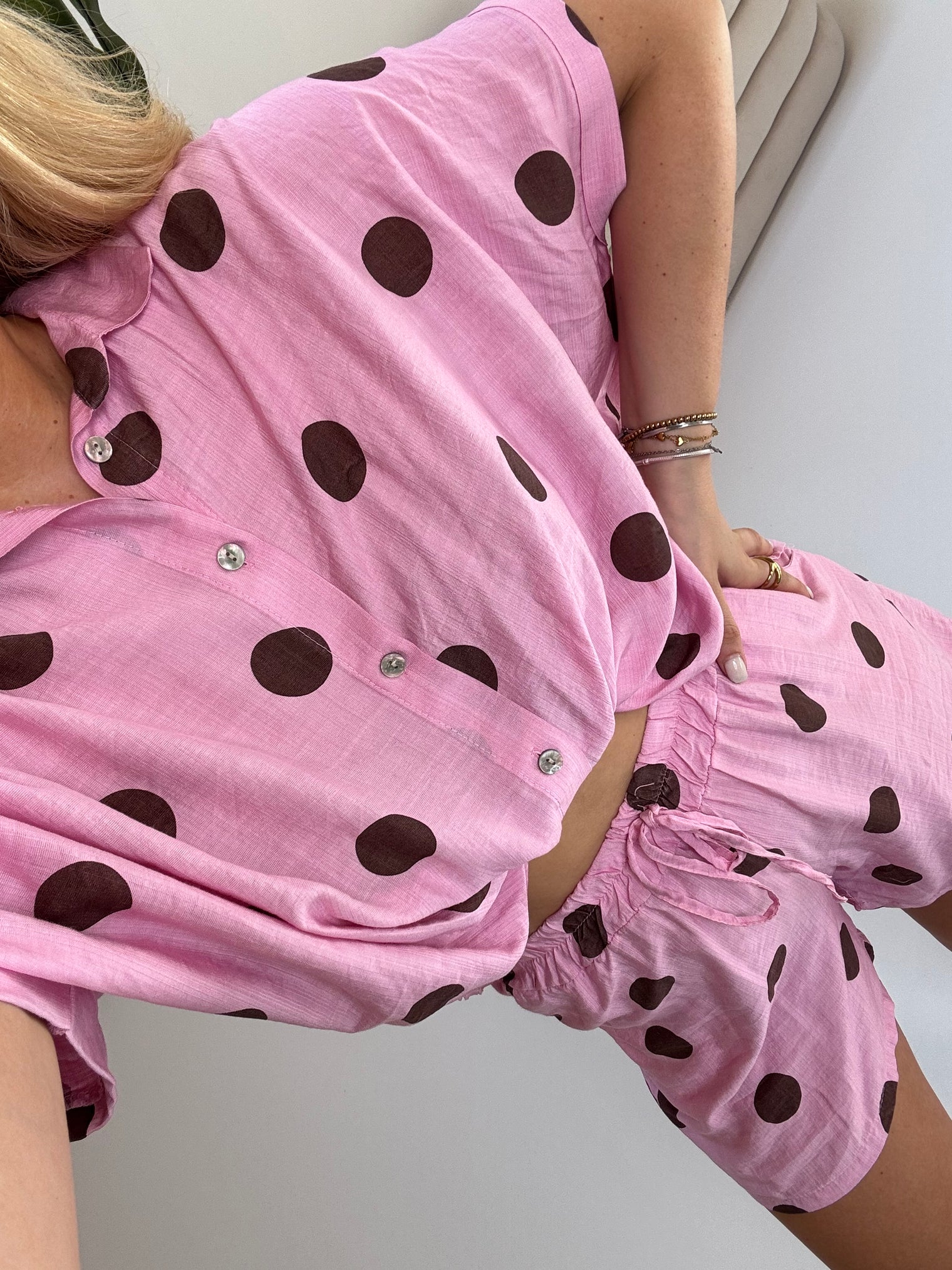 Leichte Sommer Bluse candy rose BIG POLKA DOTS coffee