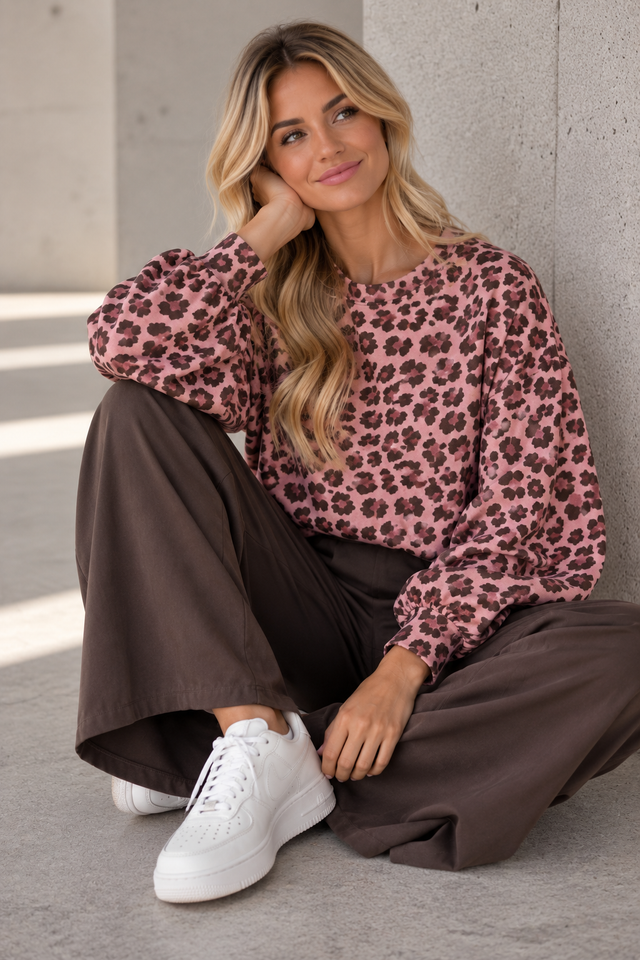 Butterstoff Pullover mit Gummizug unten LEO rose/braun
