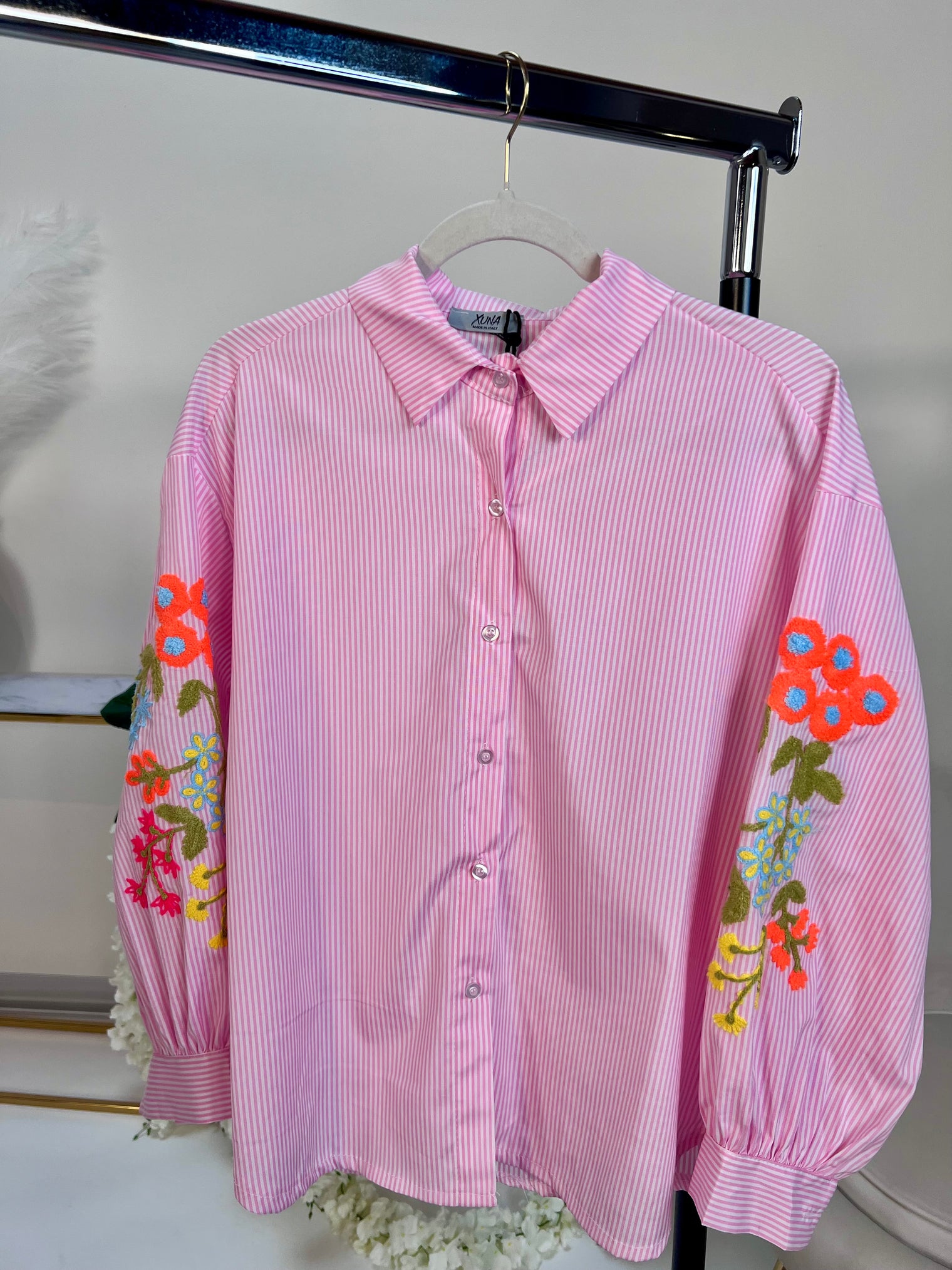 Bluse mit Stickereien LADY LIKE rosa/weiß gestreift