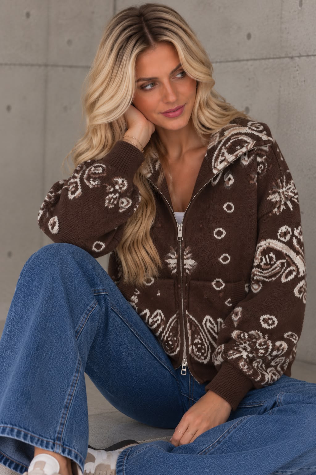 Zipper Strickjacke mit angesagtem Paisleymuster coffee