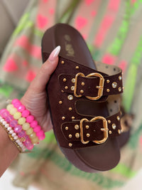 Sandalen FASHION VICTIM dark chocolate mit Nieten & Glitzersteinen