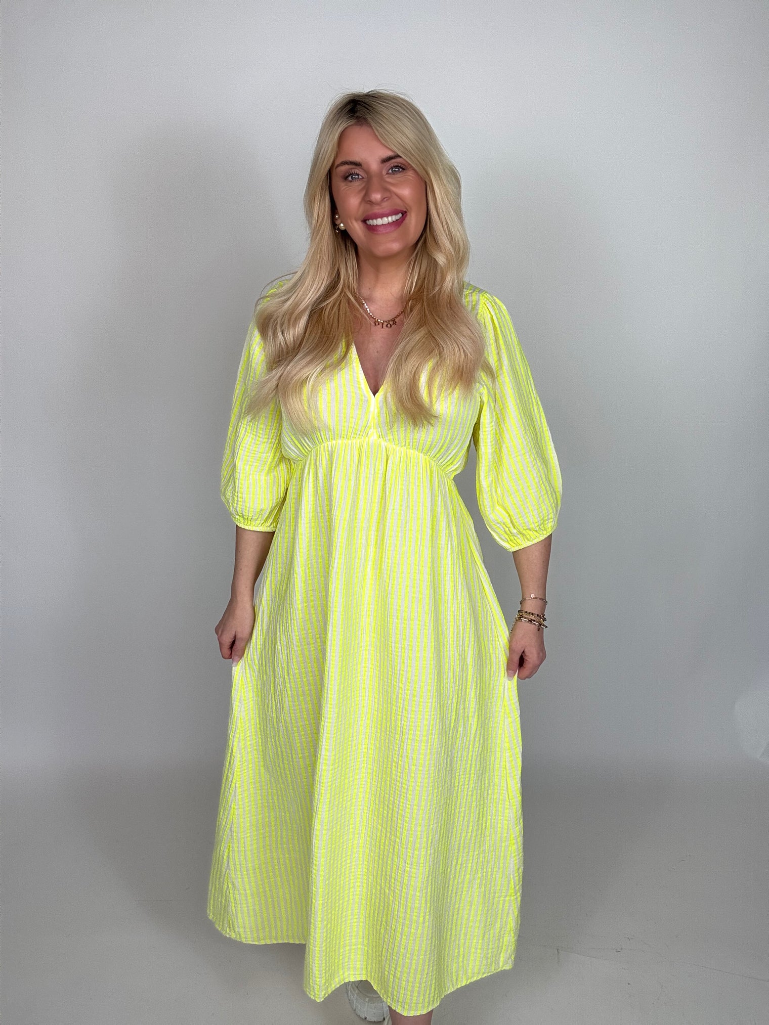 Musselin Kleid langarm ZARTE STREIFEN hot yellow