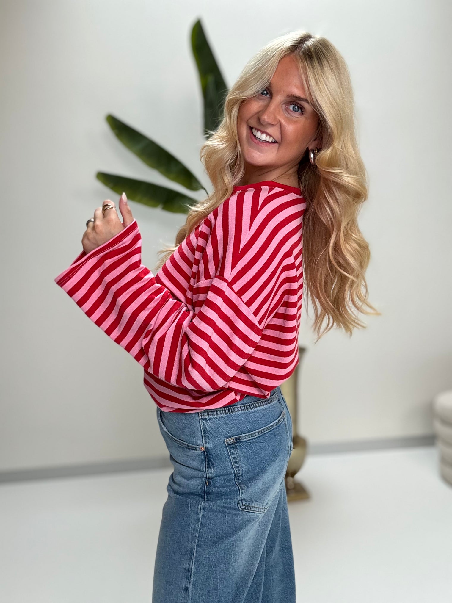 Longsleeve mit leicht ausgestelltem Ärmel STRIPES rot/pink