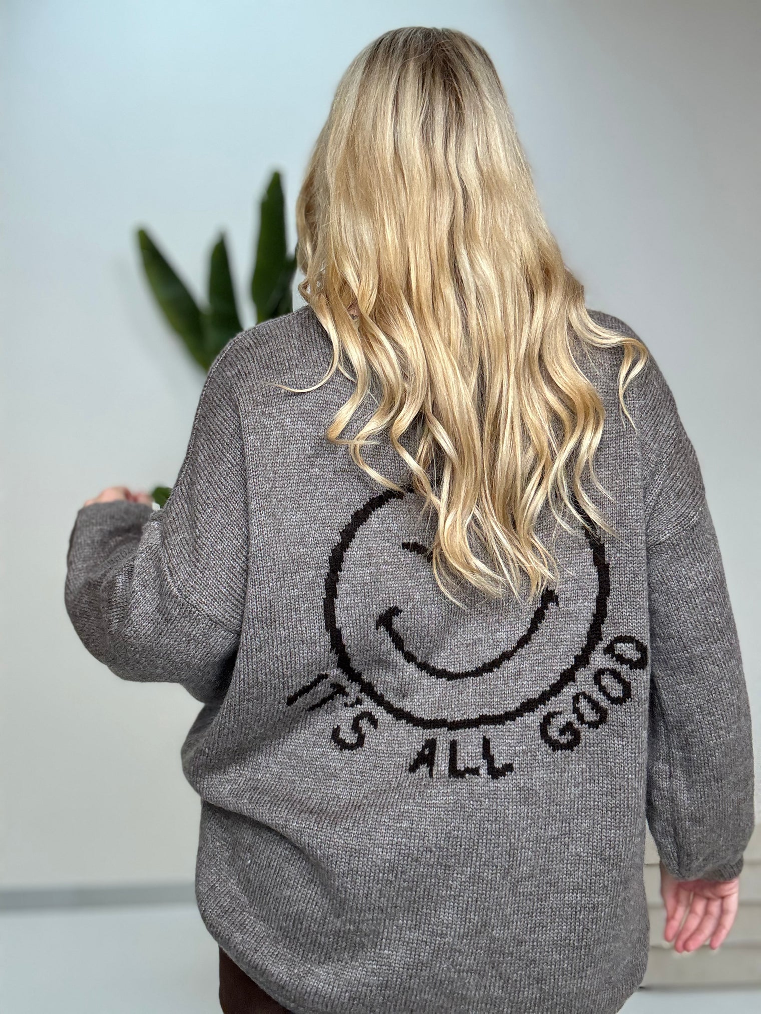 Oversize Strickpullover mit Smiley&Rückenprint taupe/dark chocolate