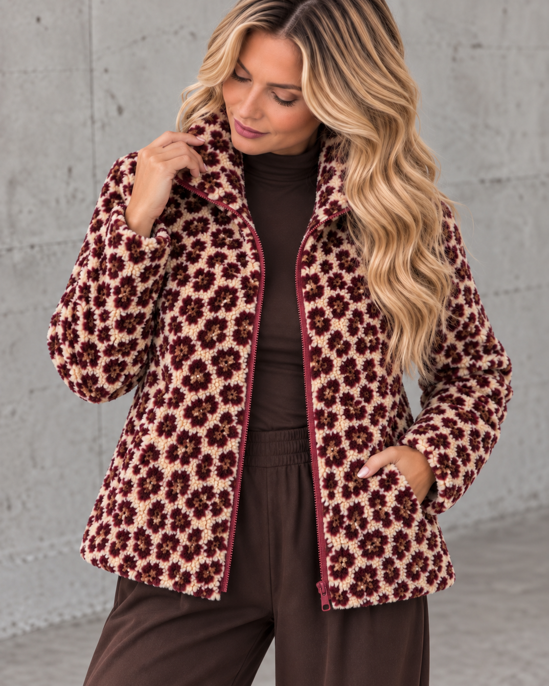 LEO Teddy Jacke creme/burgundy/camel
