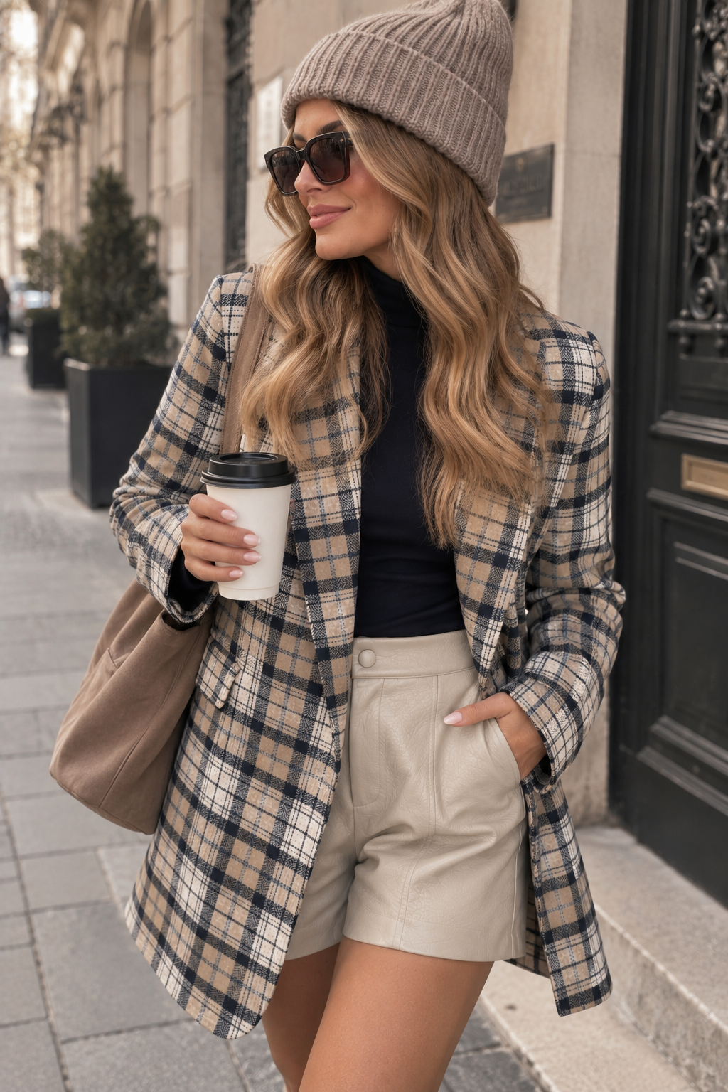 Karierter Long Blazer/ Kurz Mantel in Beige/Navy