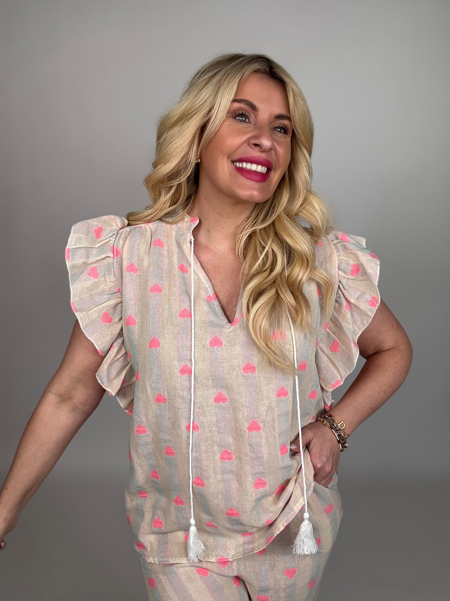 ärmellose Bluse HEART ALARM pastell blau/creme mit HERZEN pink