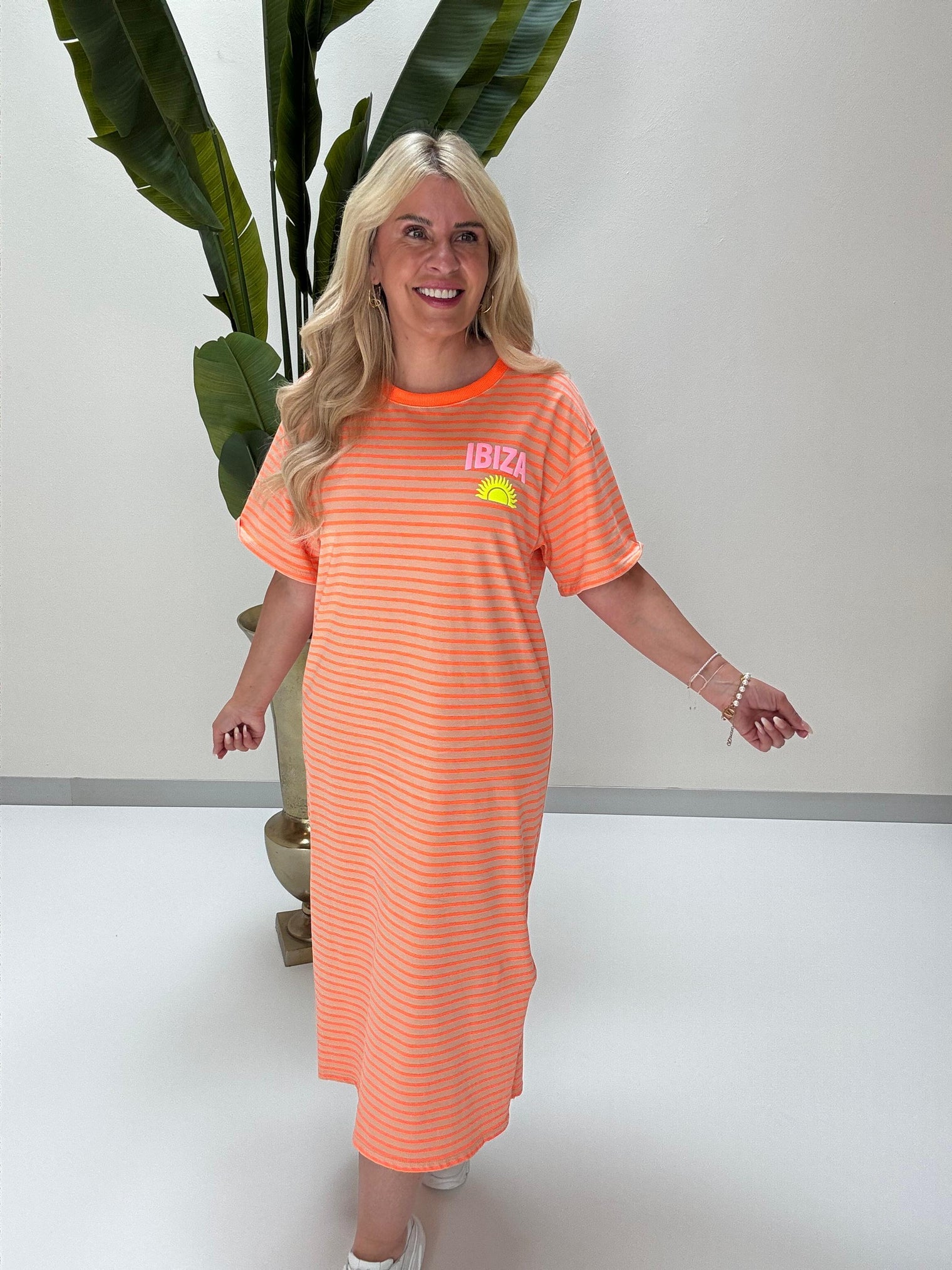 Shirt Kleid IBIZA mit seitlichen Schlitzen orange/beige gestreift