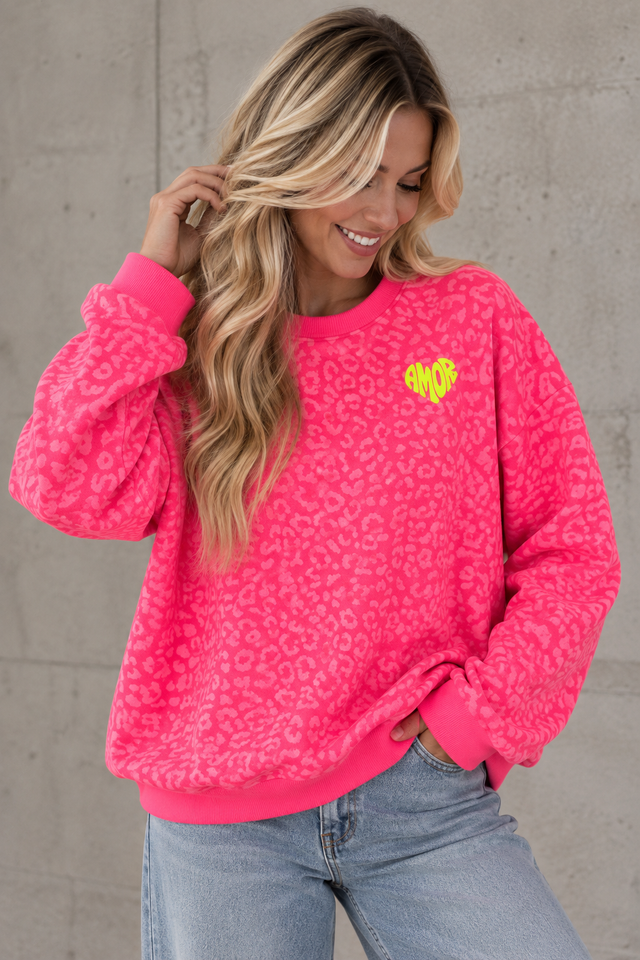 Sweater mit Rückenprint AMOR CLUB hot fuchsia leo