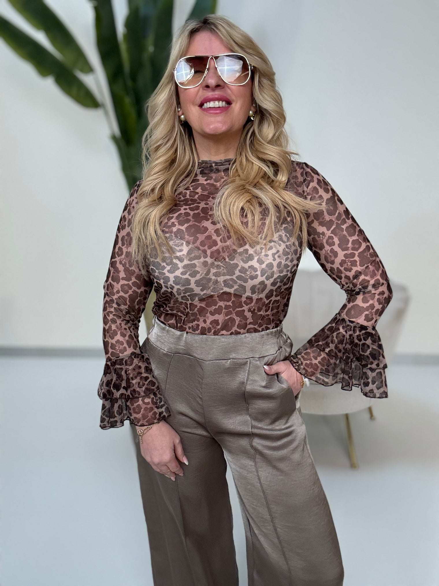 Mesh Langarmshirt WILD GIRL braun leo