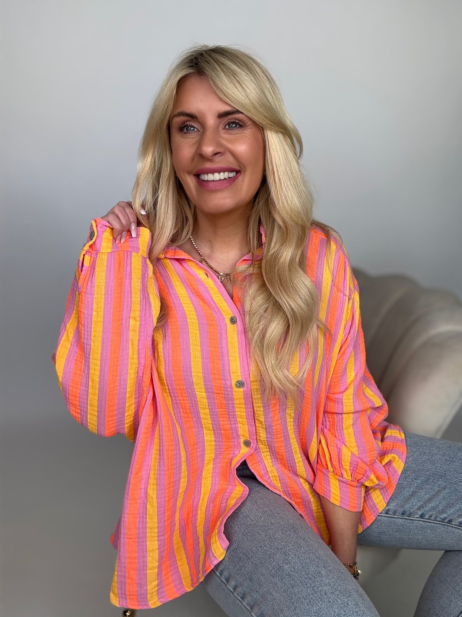 Musselin Bluse rosa NEON STREIFEN gelb&orange