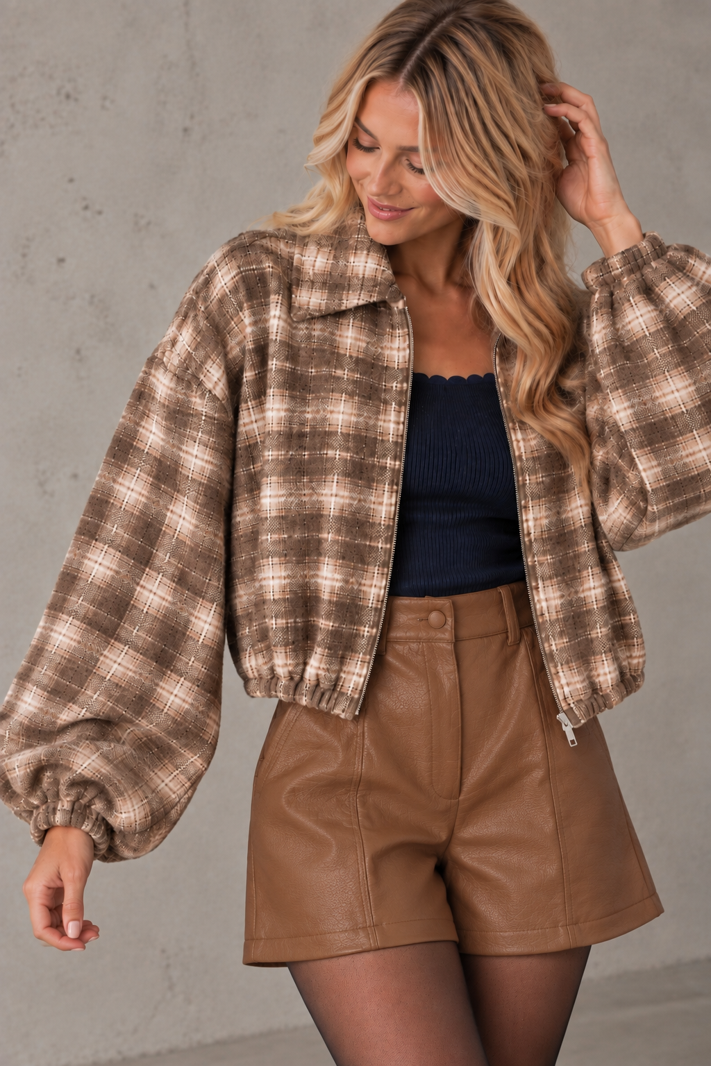 Cropped Flanell Jacke KARO beige/creme
