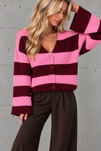 Strickjacke BLOCK STRIPES mit Knopfleiste burgundy/pink