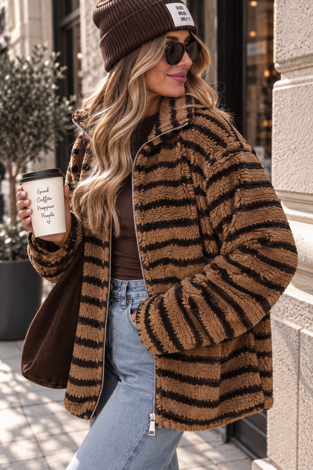 Teddy Jacke mit Reißverschluss toffee/dark chocolate gestreift