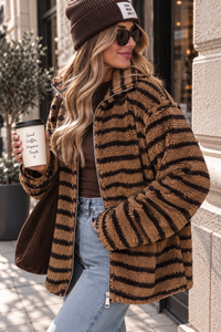 Teddy Jacke mit Reißverschluss toffee/dark chocolate gestreift