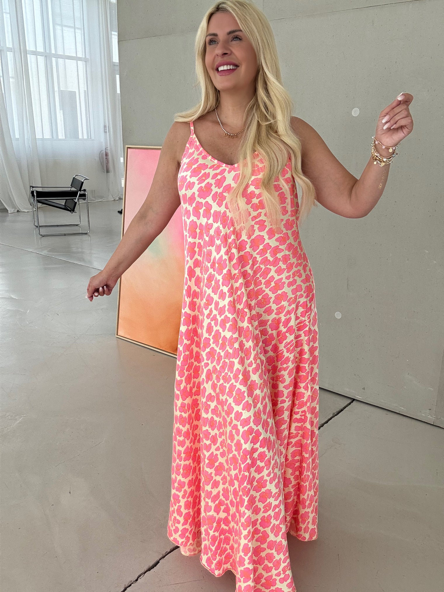Spaghettiträger Kleid gelb LEO POWER pink&orange