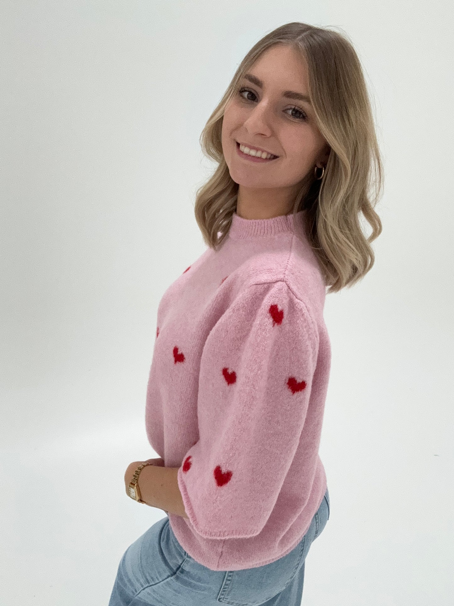 Strick Shirt/Pullover rosa mit roten Herzen