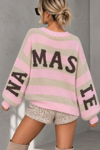 Kuschelweicher Strickpullover mit Rückenprint NAMASTE Gestreift Creme/Rosa