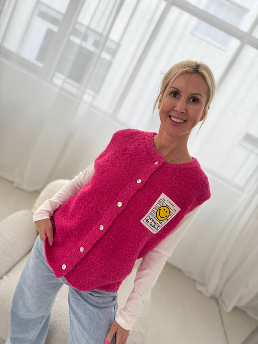 Kuschelige Strickweste mit Smiley Patch pink