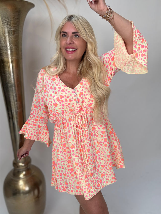 Musselin Kleid gelb MICRO LEO pink & orange