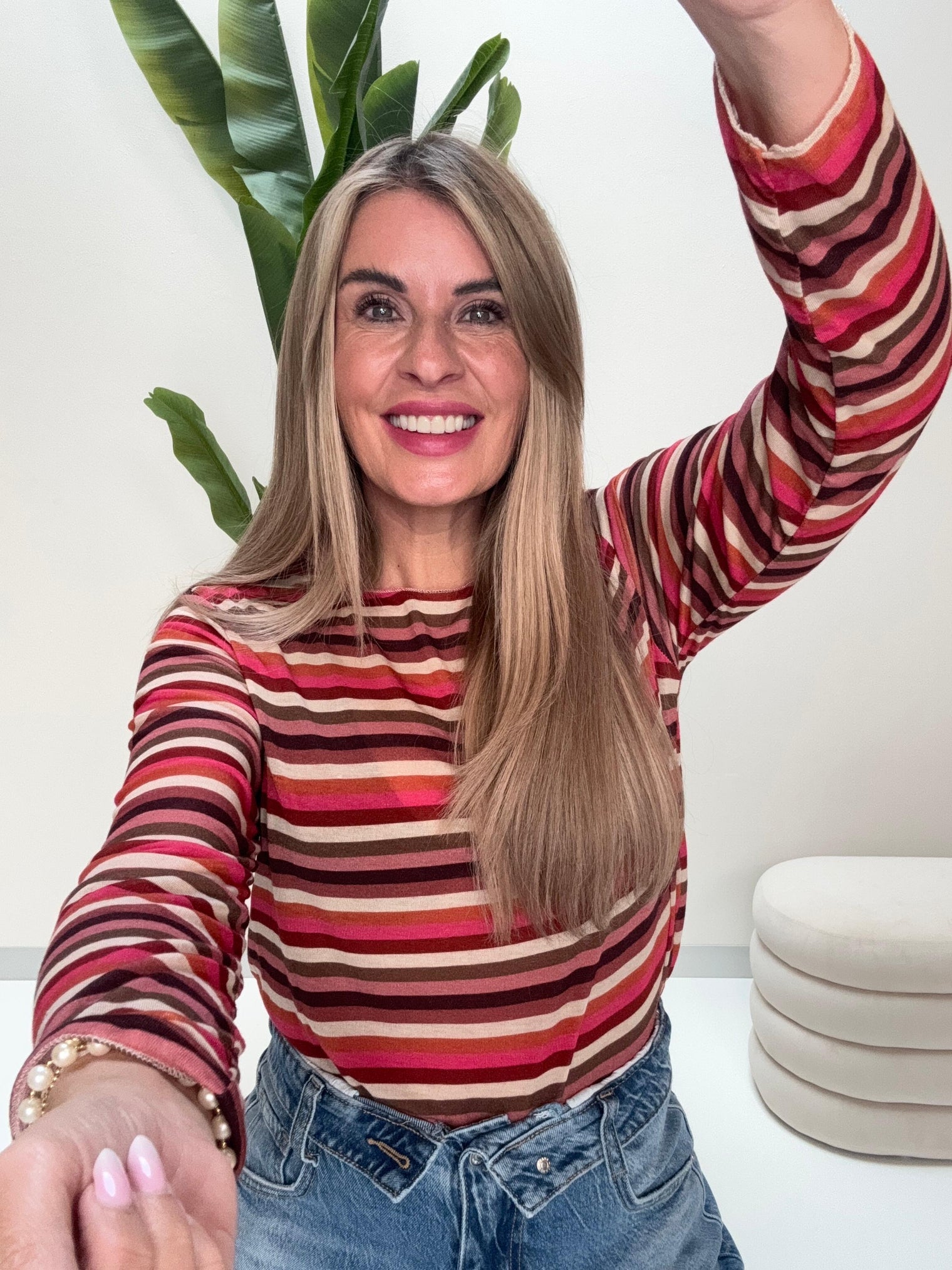 Comfy Stretchy Cashmere Langarmshirt pflaume/creme/pink/rost