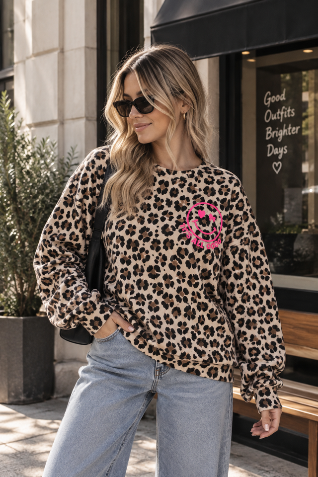 Oversize Sweater beige Leo ITS ALL GOOD pink mit Rückenprint