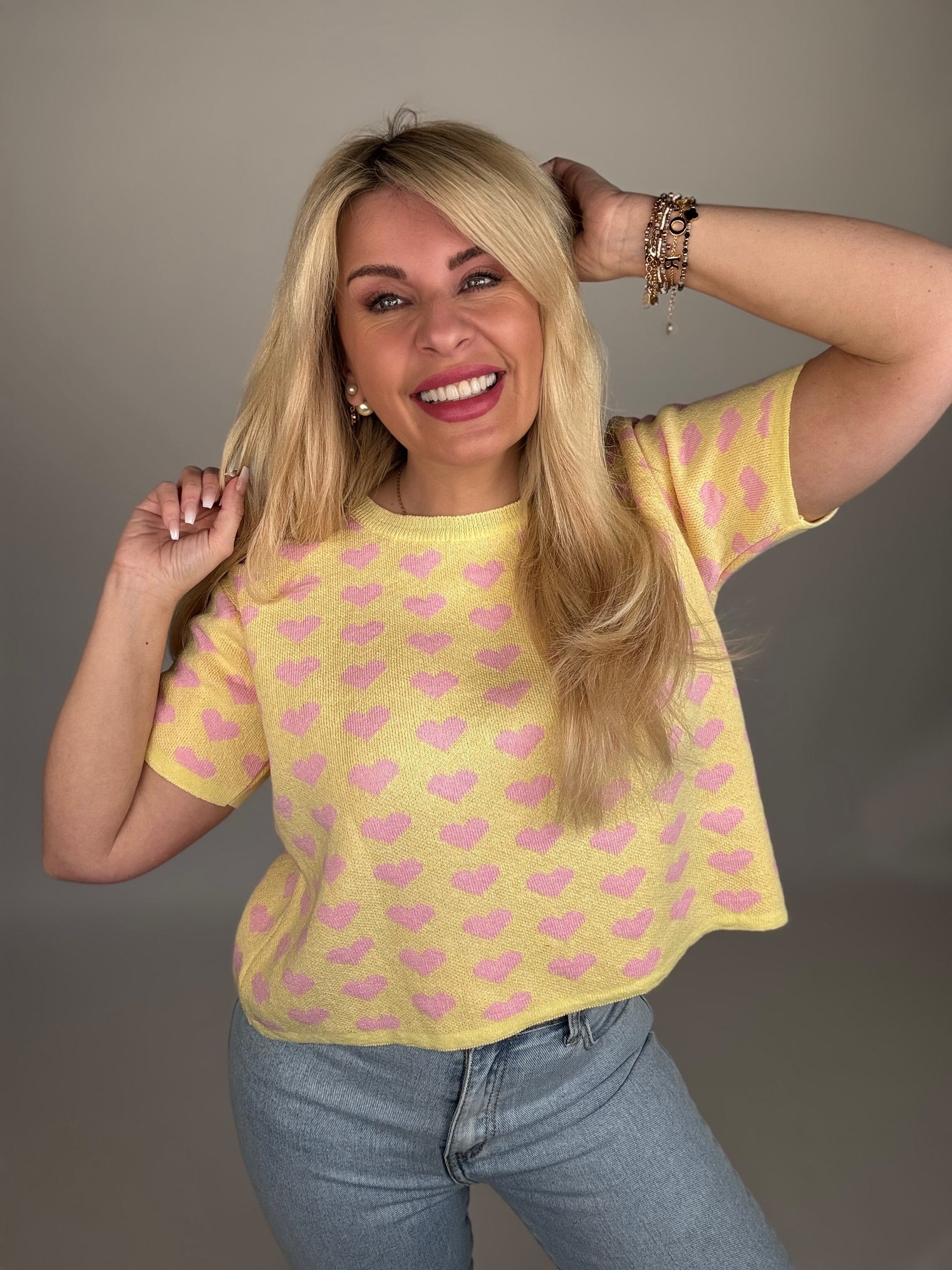 Strick Shirt mit Herzen gelb rosa