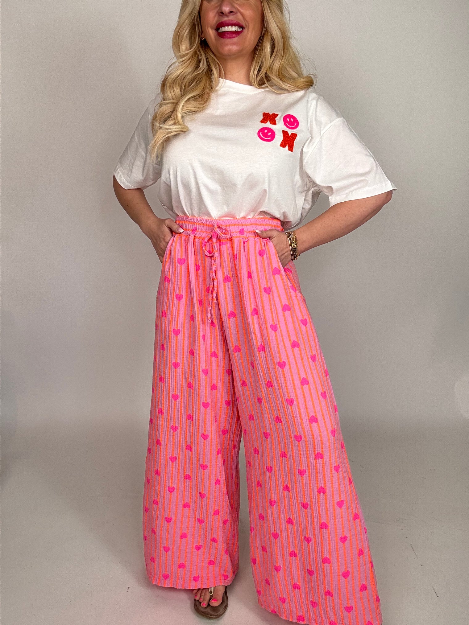 Stylische Musselin Hose rosa HEART ATTACK hot orange&Herzen pink