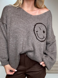 Oversize Strickpullover mit Smiley&Rückenprint taupe/dark chocolate