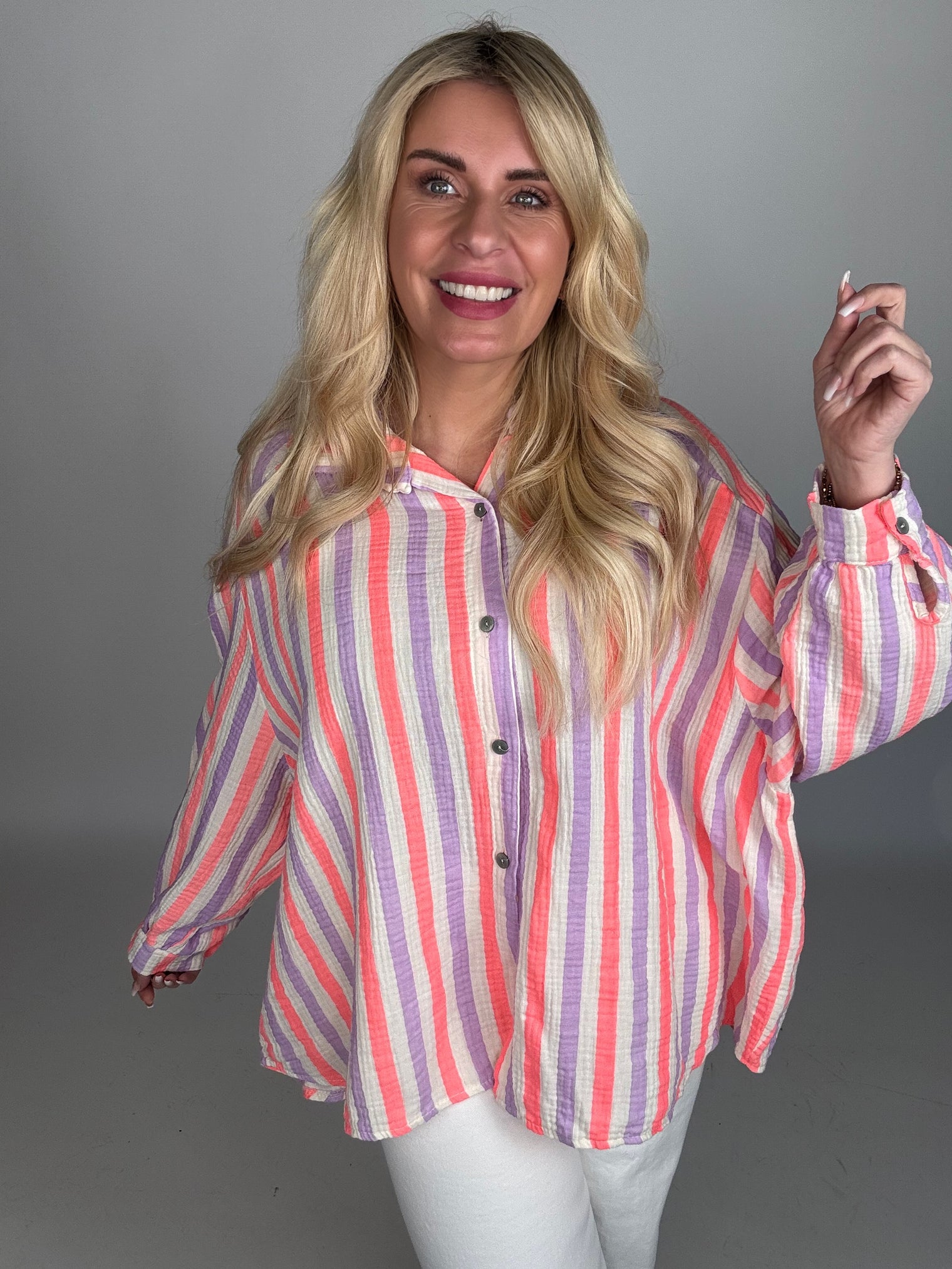 Musselin Bluse weiß NEON STREIFEN koralle/flieder