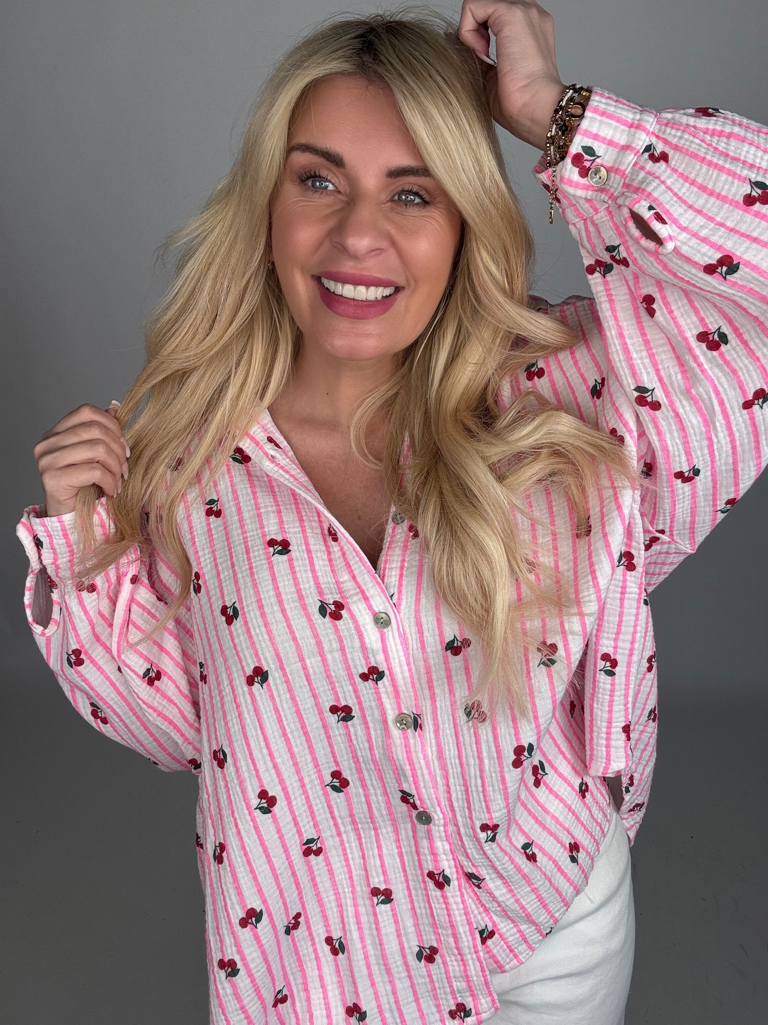 Musselin Bluse CHERRYS & STRIPES leuchtend pink gestreift