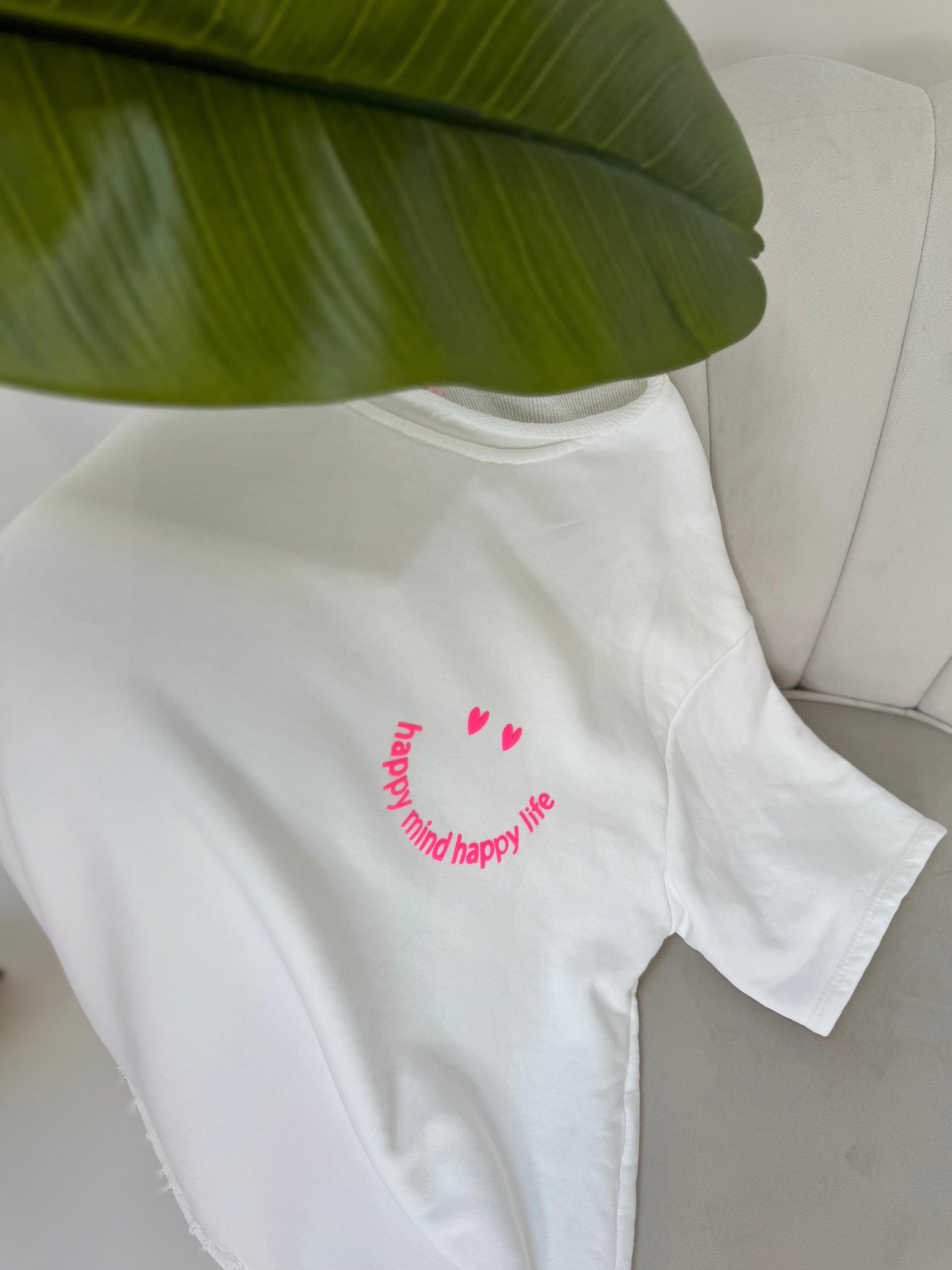 Sweatshirt kurzarm weiß HAPPY MIND HAPPY LIFE pink