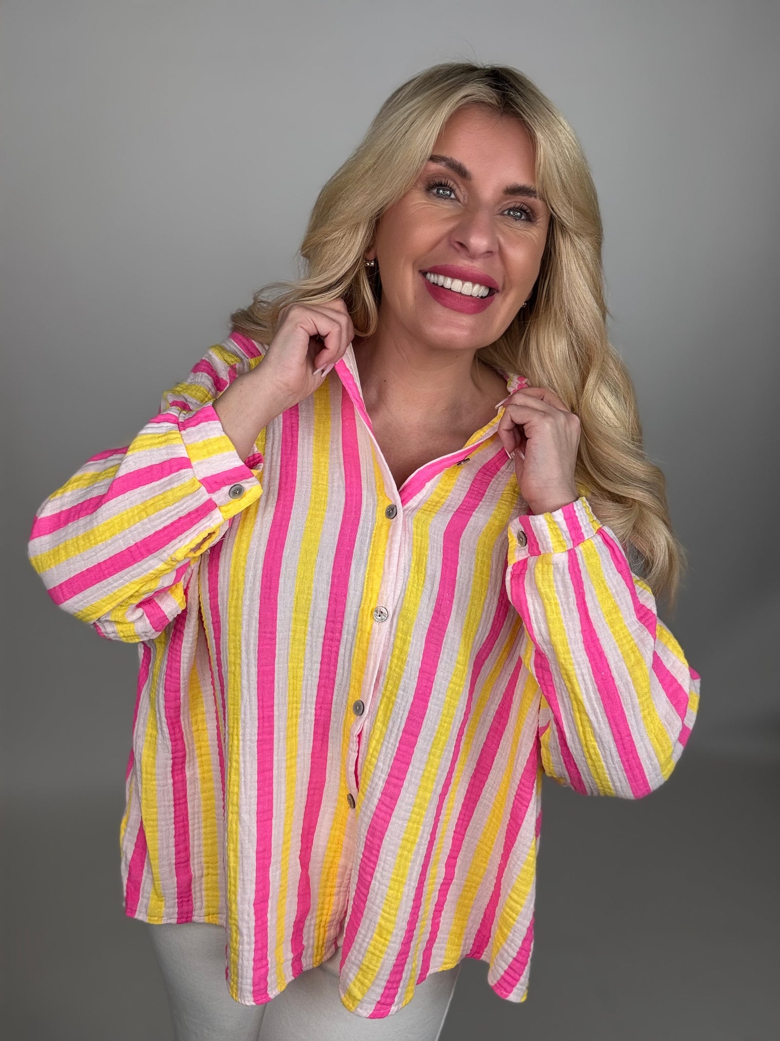 Musselin Bluse weiß NEON STREIFEN gelb&pink